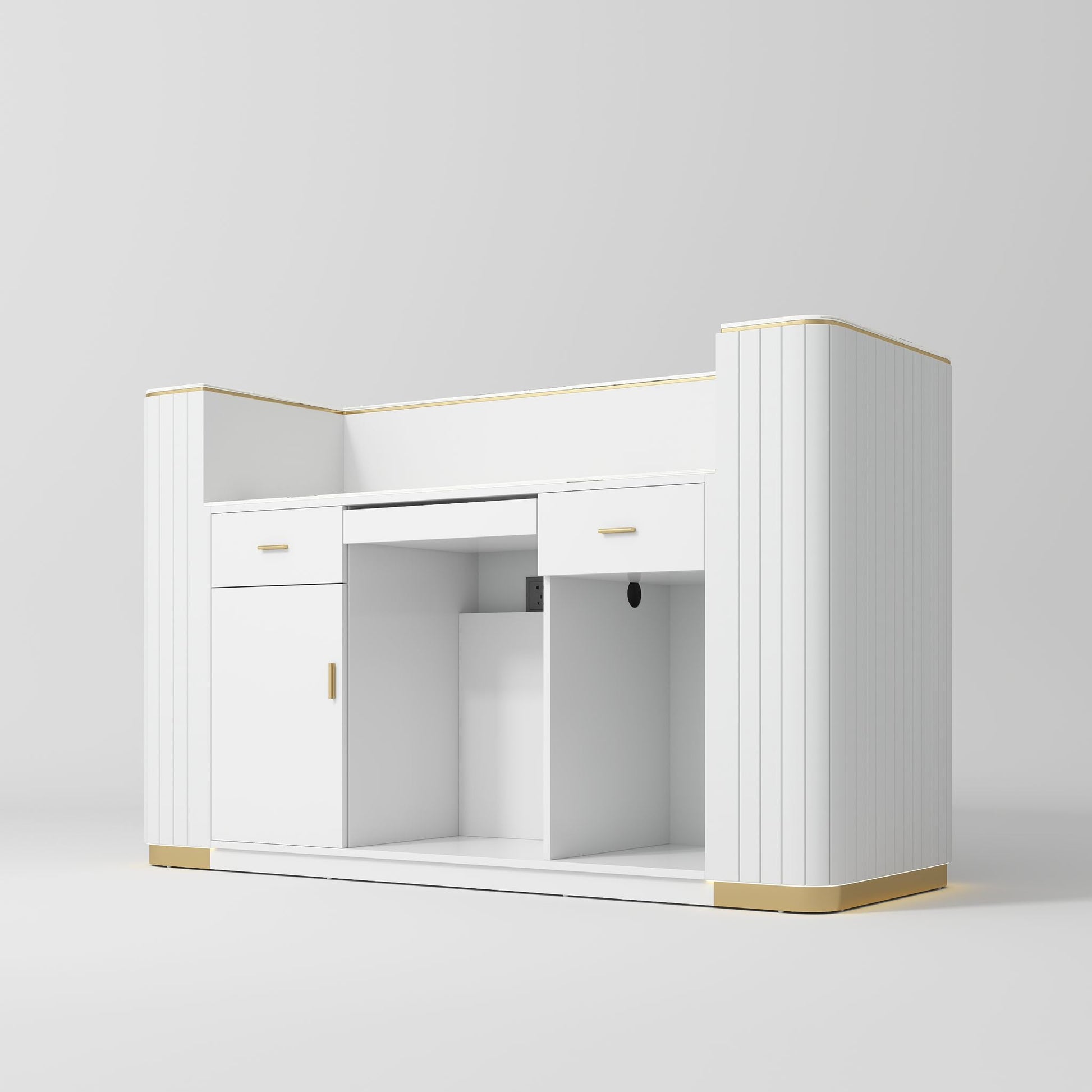 White vanity with gold accents on a light gray background